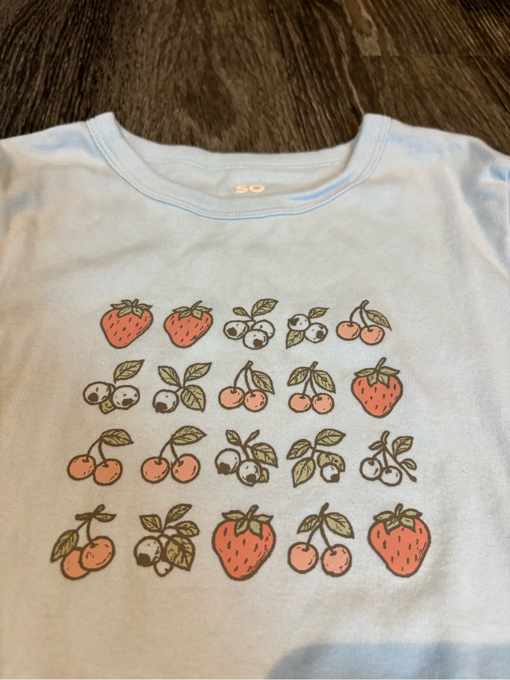SO Light Blue Baby Tee with Fruit Pattern